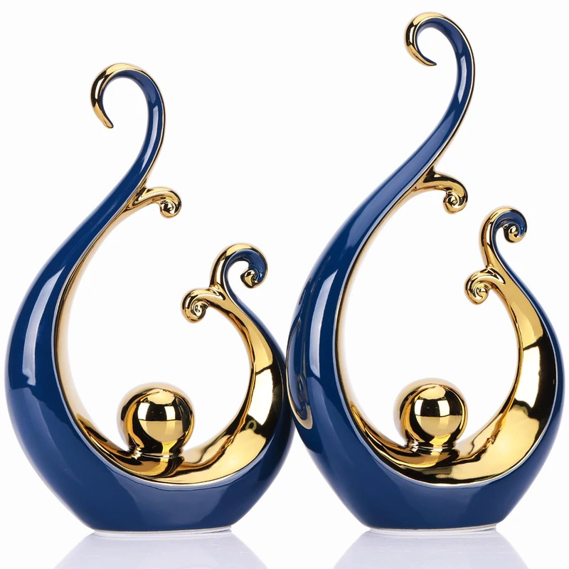 DOVDOV Ceramic Abstract Statues 2 Piece Set, Modern Art Deco, Blue and Gold Home Decor, Office and Shelf Decor, Floor Mantle and Coffee Table Aesthetics