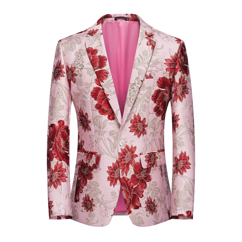 UNINUKOO Mens Blazer Floral Suit Jacket Notched Lapel Tuxedo Luxury Paisley Prom Casual Blazer for Men, Hot Pink, 42 - Image 1