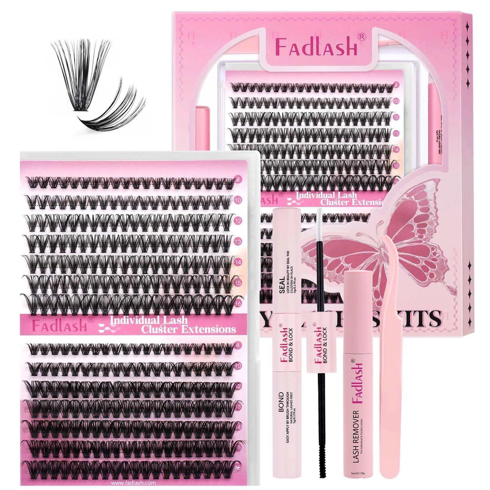 FADLASH DIY Lash Extension Kit Individual Lashes Clusters30P+40P D Curl 8-16mm Lash Bond and Seal, Clusters Lash Glue Remover and Eyelash Tweezers for Eyelash Extensions