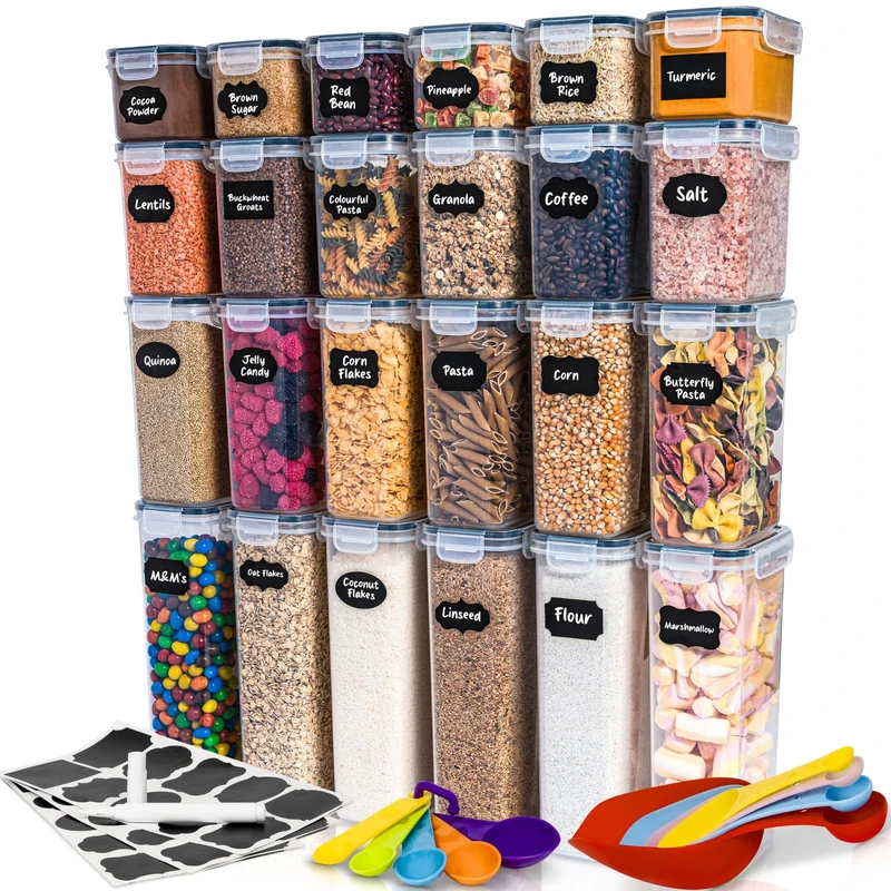 United Entertainment Airtight Food Storage Containers Set with Lids, Spoons, Labels and Marker - 24 Pieces, Kitchen and Pantry Organization BPA Free Plastic Jars