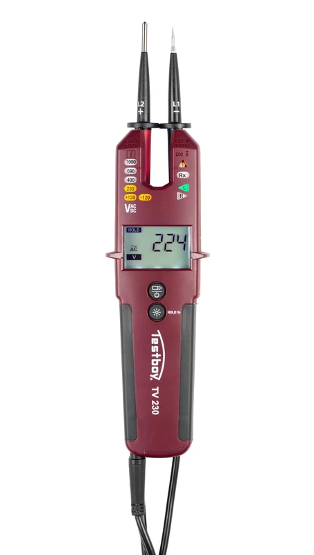 Testboy TV 230 current voltage tester (current clamp, wide range of functions, LC display, LED measuring point lighting, T-RMS measuring method, vibration motor), red/black
