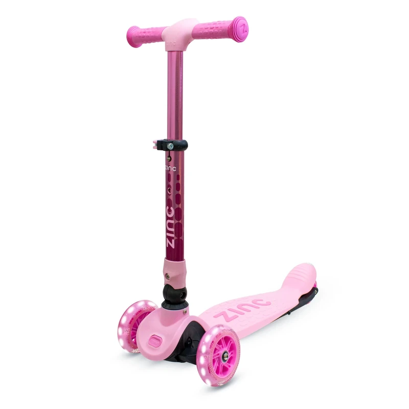 Zinc Flyte 3 Wheeled Kids Scooter for Ages 2+ - Foldable & Adjustable Three Wheeled Scooter with Lean ‘n’ Steer, Rear Footbrake & Light Up Wheels - Sturdy Design for Boys & Girls, Pink