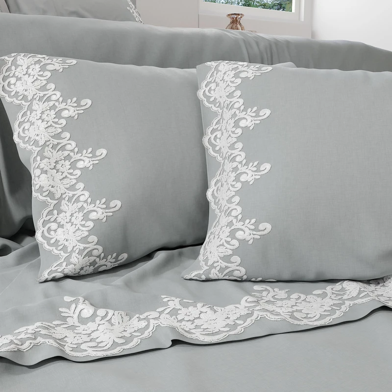 PETTI Artigiani Italiani - Percale Double Bed Sheet with Lace Percale Double Bed Set Grey Lace Bedding Set 100% Made in Italy - Image 1