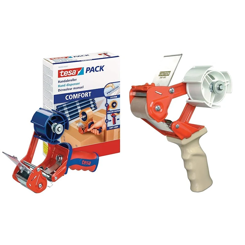 tesa Hand Dispenser Comfort - Robust Handheld Packaging Tape Dispenser for Packing Tape up to 50 mm Width & Pacplus HPG50B Heavy Duty Premium Pistol Grip Carton Sealer, 75mm/132mm