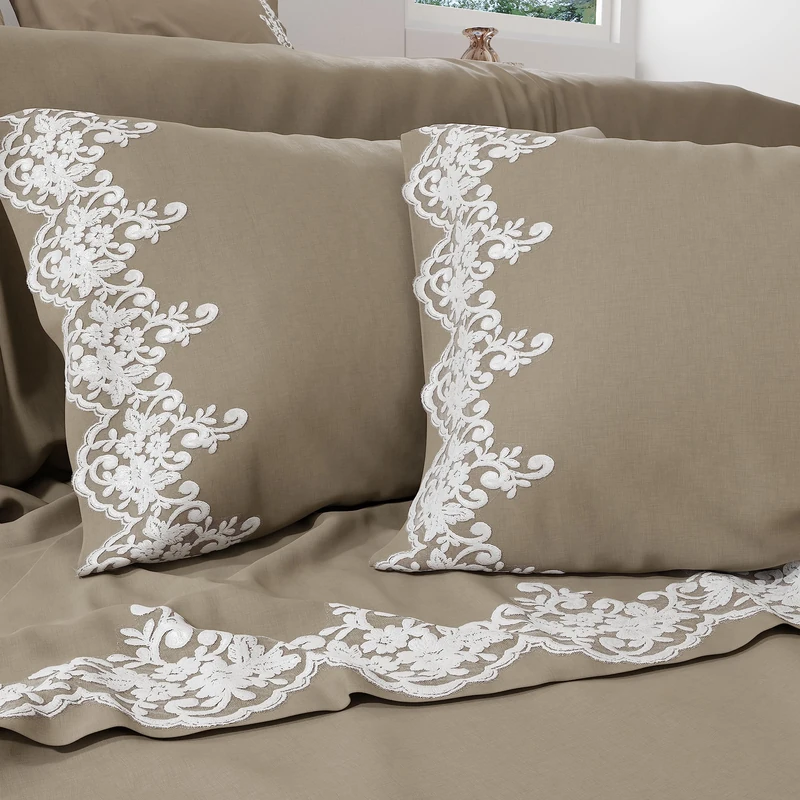 PETTI Artigiani Italiani - Percale Flat Sheet for Double Bed with Lace Percale Double Bed Sheet Set with Lace Taupe 100% Made in Italy - Image 1