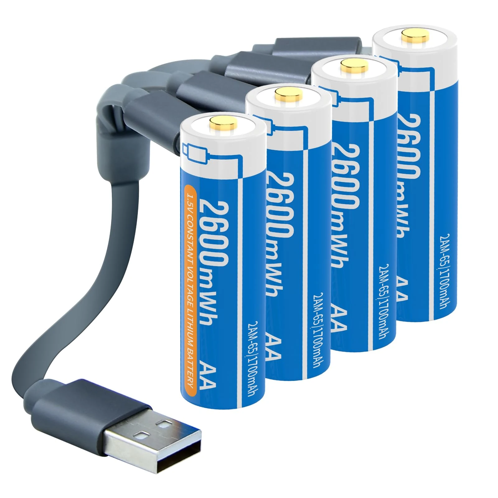 Henreepow 1.5V AA Lithium Rechargeable Batteries, High Capacity 2600mWh(1700mAh) Double A Lithium ion Rechargeable Battery, 1500 Cycles with 4 in 1 USB Charging Cable (4 Pack with Storage Box)