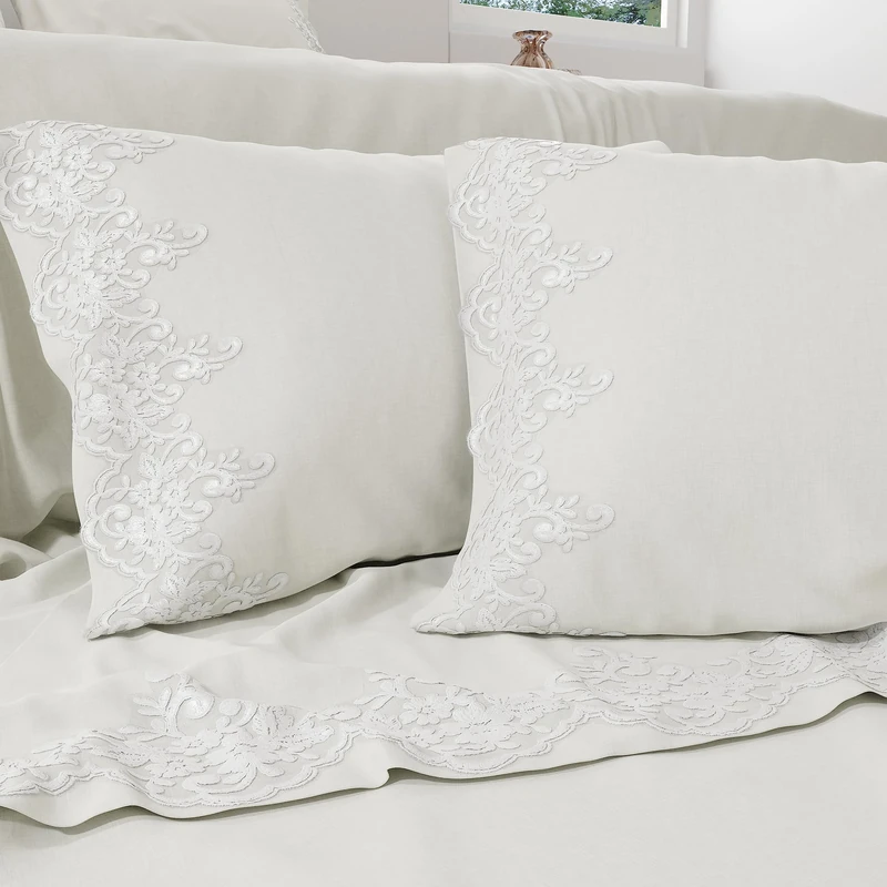 PETTI Artigiani Italiani - Percale Double Flat Sheet with Lace Percale Double Bed Sheet Set White Lace 100% Made in Italy