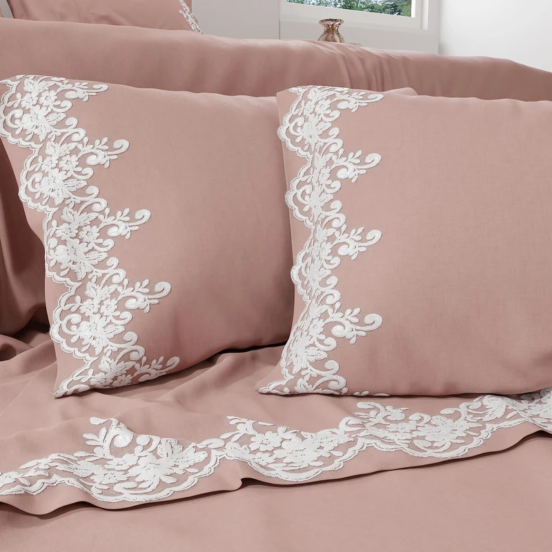 PETTI Artigiani Italiani - Percale Double Flat Sheet with Lace Percale Double Bed Sheet Set with Lace Powder 100% Made in Italy
