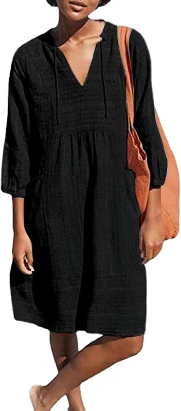 Lafural Womens V Neck Cotton Casual Loose Shift Tunic Smock Summer Dresses Vacation Dress 3/4 Sleeve Pocket, Black, XXL - Image 1