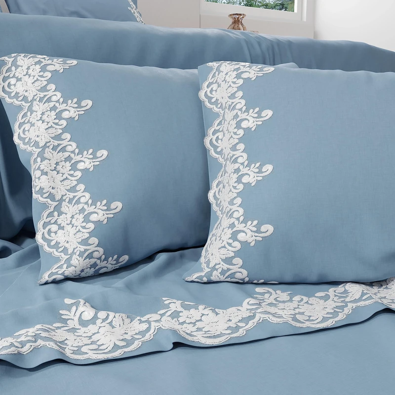 PETTI Artigiani Italiani - Percale Double Flat Sheet with Lace Percale Double Bed Sheet Set Light Blue Lace 100% Made in Italy