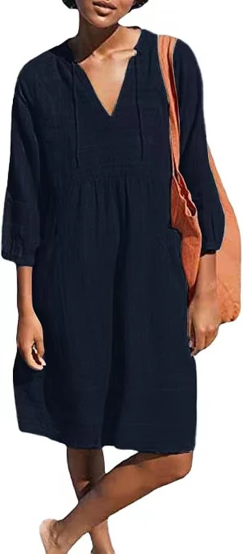 Lafural Womens V Neck Cotton Casual Loose Shift Tunic Smock Summer Dresses Vacation Dress 3/4 Sleeve Pocket, Navy, XXL