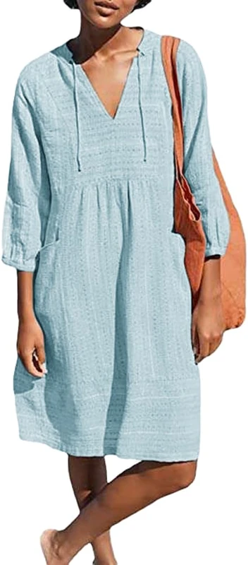 Lafural Womens V Neck Cotton Casual Loose Shift Tunic Smock Summer Dresses Vacation Dress 3/4 Sleeve Pocket, Blue, S - Image 1