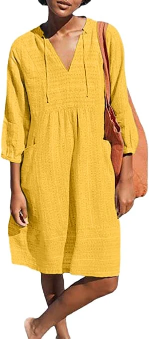 Lafural Womens V Neck Cotton Casual Loose Shift Tunic Smock Summer Dresses Vacation Dress 3/4 Sleeve Pocket, Yellow, S - Image 1