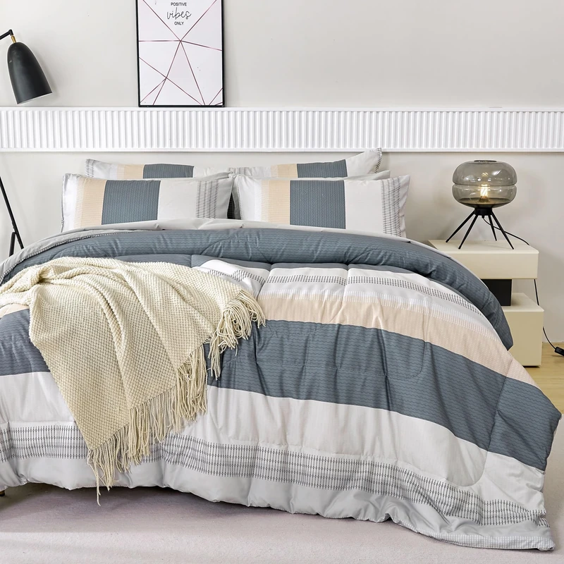 RYNGHIPY Full Size Comforter Set Beige Grey Striped Men Boys Bedding Set Soft All Season Down Alternative Comforter Bedding Sets (Full,Beige Grey)