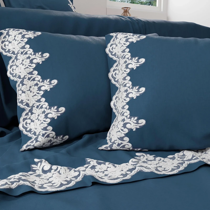 PETTI Artigiani Italiani - Percale Double Bed Linen with Lace Percale Bedding Set Double Bed Sheet with Lace Blumarino 100% Made in Italy