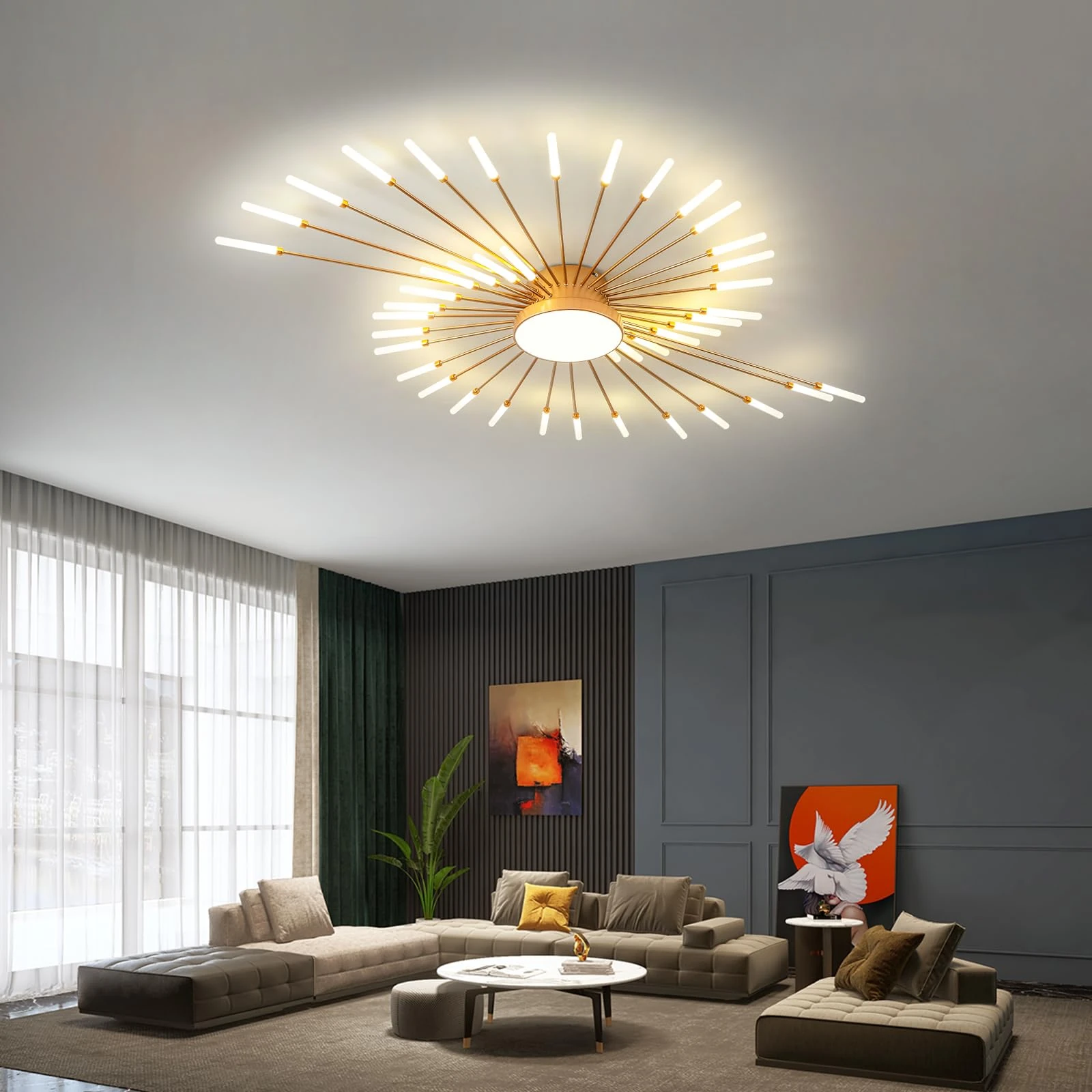 JAYMP Ceiling Light Modern Flower Shape Ceiling Lamp for Living Room Dining Room Flush Mount Metal Acrylic Sputnik Firework Petal LED Lighting Fixture (Matte Gold, 42+1 Lights)