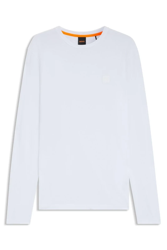 BOSS Long-Sleeved T-Shirt in Cotton with Logo Patch White