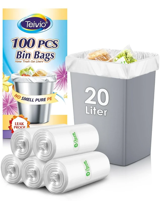 Teivio 20 Liter 100 Counts Strong Pedal Bin Liners Trash Can Bags, fit 4.5-5 Gal Garbage Bags, Bathroom Waste Bin Liners, Small Plastic Bags for home office kitchen, Clear