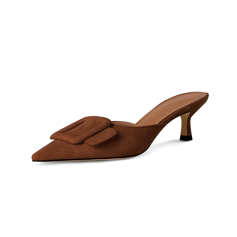 Volrina Kitten Heel Mules Sandals for Women Pointed Toe Square Buckle Backless Slip on Suede Stiletto Dress Heeled Sandals Wedding Party Shoes, Brown, 5.5 UK