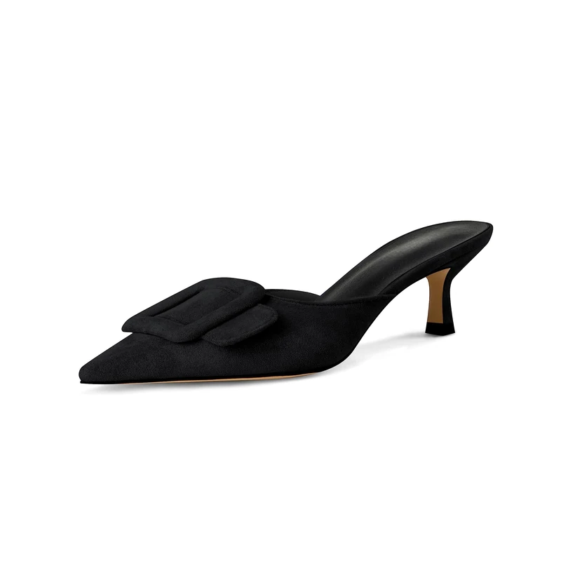 Volrina Women's Buckle Flat Mules: Pointed Toe Low Kitten Heel Slippers Suede Loafers Shoes Slides Backless Dress Sandals, Black, 6.5 UK - Image 1