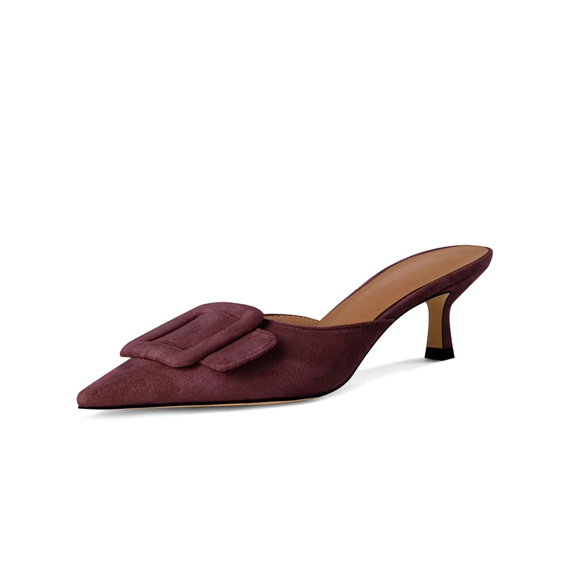 Volrina Kitten Heel Mules Sandals for Women Pointed Toe Square Buckle Backless Slip on Suede Stiletto Dress Heeled Sandals Wedding Party Shoes, Burgundy, 5.5 UK