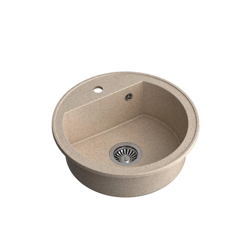 Quadron Johnny 210 Granite Sink, Single Basin Installation, Dimensions: 51 x 51 cm with 18 cm Diameter 43 cm, Cabinet Base Made of 50 cm (Beige + Steel)