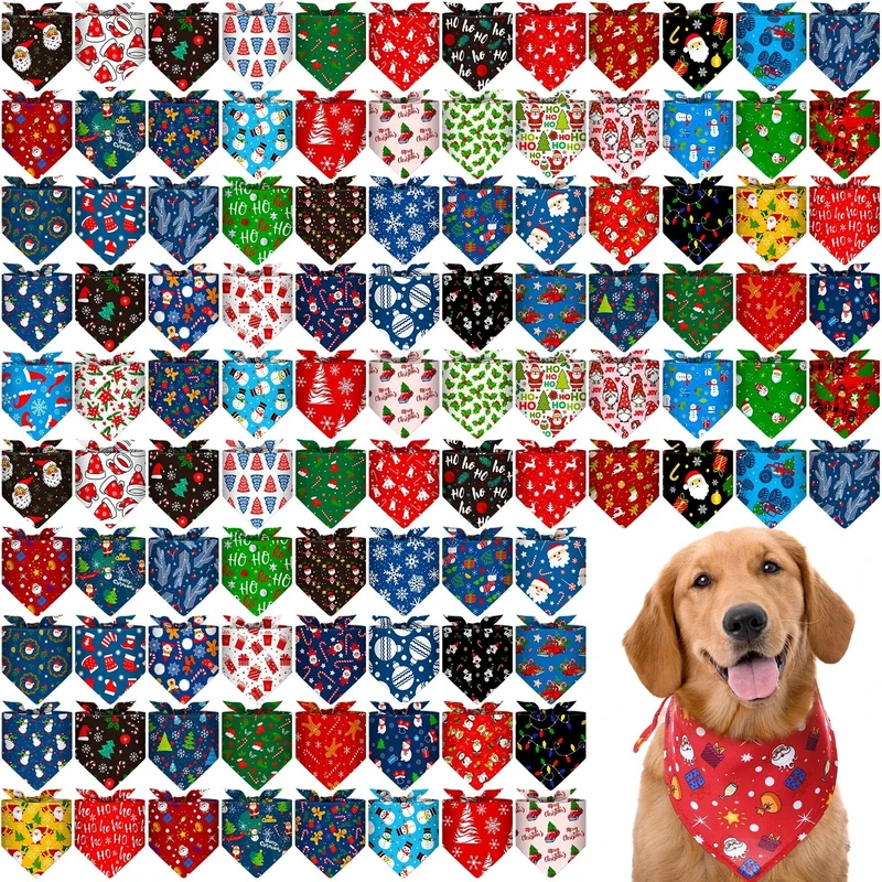 Paterr 100 Pieces Dog Bandanas Bulk Christmas Pet Handkerchief Soft Dog Cute Triangle Bibs Kerchief Adjustable Washable Xmas Pet Scarf Costume Accessory Decoration for Small Medium Dogs Puppy Cats