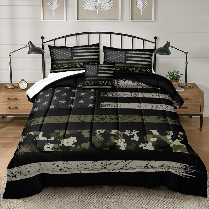 Bedbay California King Comforter Set American Flag Comforter Retro Military Camo Comforter Black Grey Army Green Camouflage USA Flag Printed 3 Pcs Bedding Comforter Set (Camo,Cal-King)