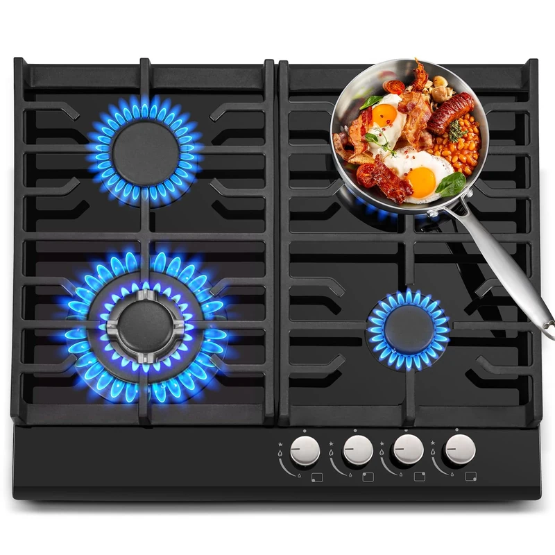 TopStrong Gas Hob 4 burners, 60cm Black Glass Gas Hob, Built in Cooktop with Cast Iron Supports, NG/LPG Convertible, Flame Out Protection,