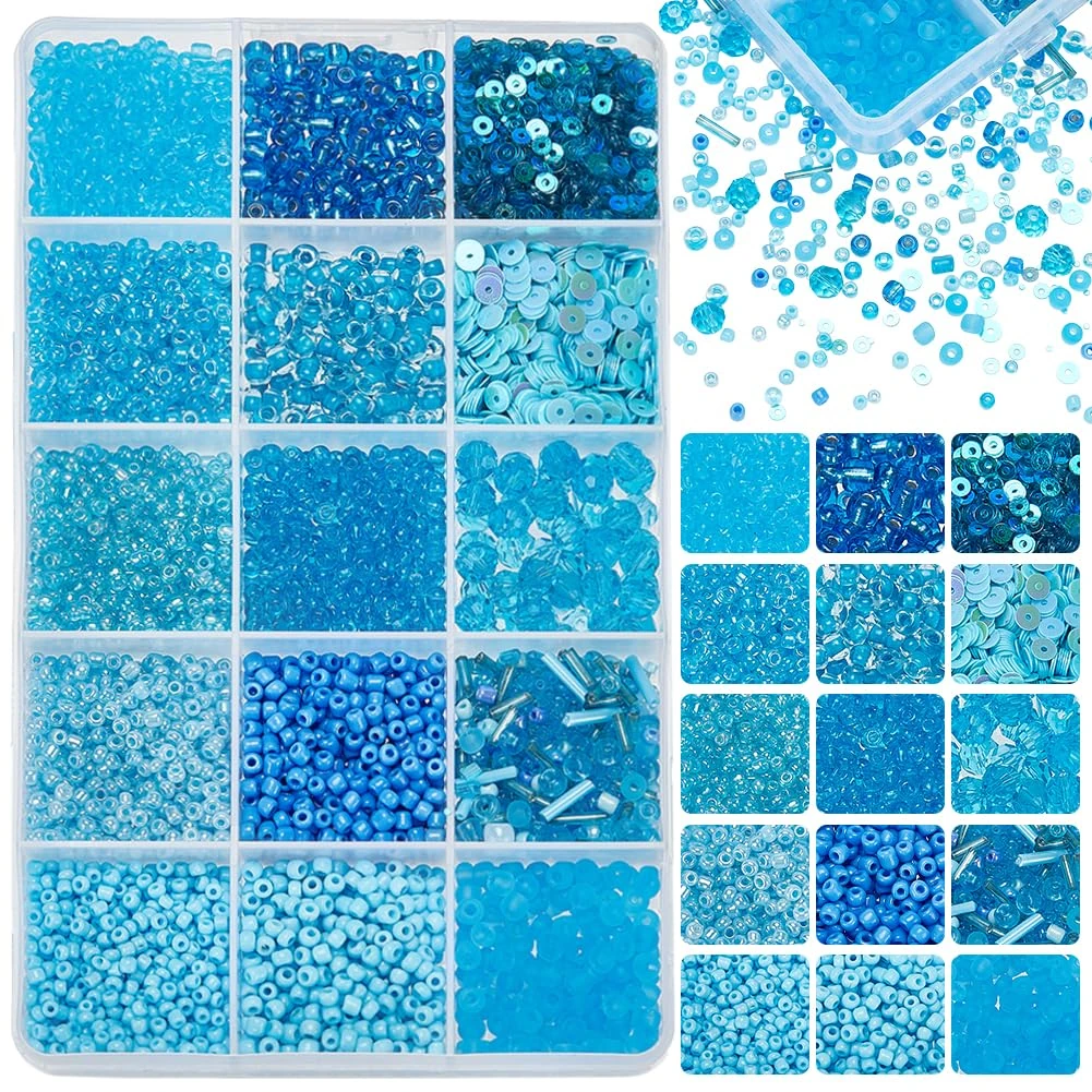 PH PandaHall 9600pcs Blue Craft Beads 12 Styles Glass Seed Beads 2/3/4mm Pony Bead with Glass Bugle 6mm Faceted 2 Style Flat Round Paillette Sequins Bead for Jewelry Making