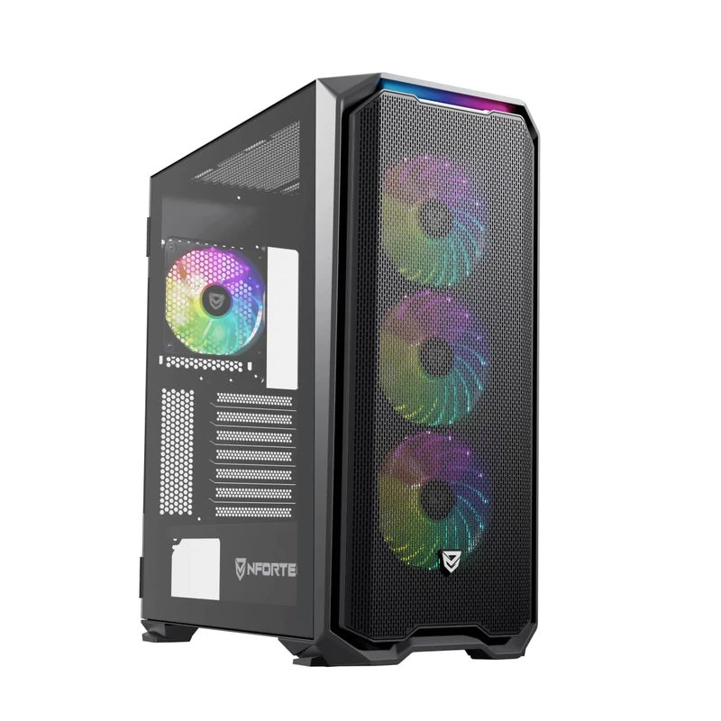 Nfortec - Krater X Mid Tower (ATX) Gaming Case, 4X 120mm ARGB Fans Included, Front Mesh, Side Tempered Glass, Black - Image 1