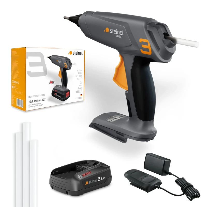 Steinel MobileGlue 3011 Battery Glue Gun Set, Includes 2.5 Ah PFA Battery, 11 mm Cordless Hot Glue Gun, 2 Temperature Levels