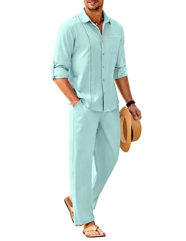 COOFANDY Mens Linen Sets 2 Piece Long Sleeve Button Down Cuban Shirt and Pants Set Summer Beach Set Outfits, Sky Blue, Large - Image 1