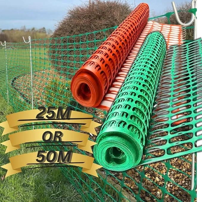 Smith & Barker Barrier Fencing Mesh Roll 130gsm Temporary Garden Outdoor Dog Fence Building Site Plastic 25M 50M Netting Pins Stakes Shepherds Crook (15M Green)