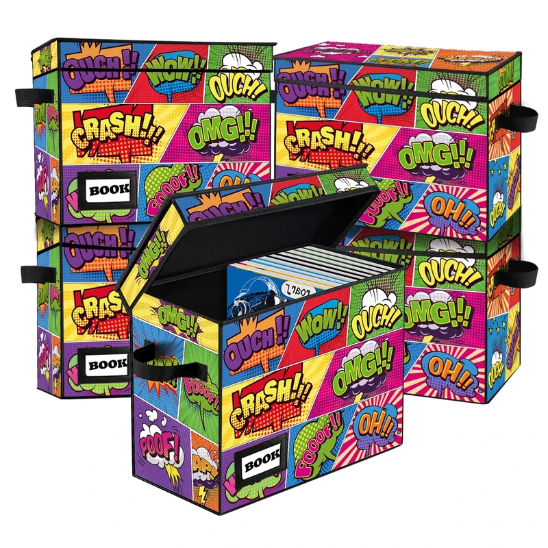 YNSZAS 5 Pack Comic Book Storage Box, 15.8" X 7.8" X 11.8", Holds 165 Cubic Inches, Cartoon Colorful