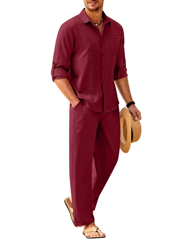 COOFANDY Mens Linen Sets 2 Piece Long Sleeve Button Down Cuban Shirt and Pants Set Summer Beach Set Outfits, Wine Red, X-Large