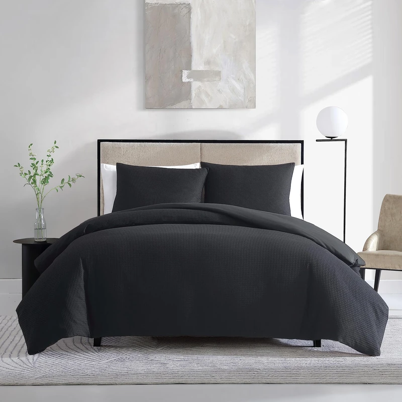 Vera Wang- Queen Duvet Cover Set, Reversible Cotton Bedding Set with Matching Shams, Designer Home Décor (Waffle Pique Black, Queen)