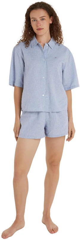 Tommy Hilfiger Women's Short Sleeve Linnen Pj Set Uw0uw04519 Pyjamas, Blue (Horizon Stripes Blue), L - Image 1