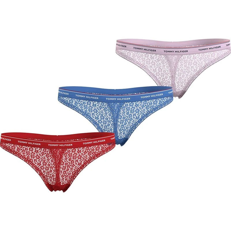 Tommy Hilfiger Women's 3 Pack Thong Lace (Ext Sizes) Uw0uw04896 Thongs, Red (Fierce Red/Blue Spell/Pearly Pink), XL