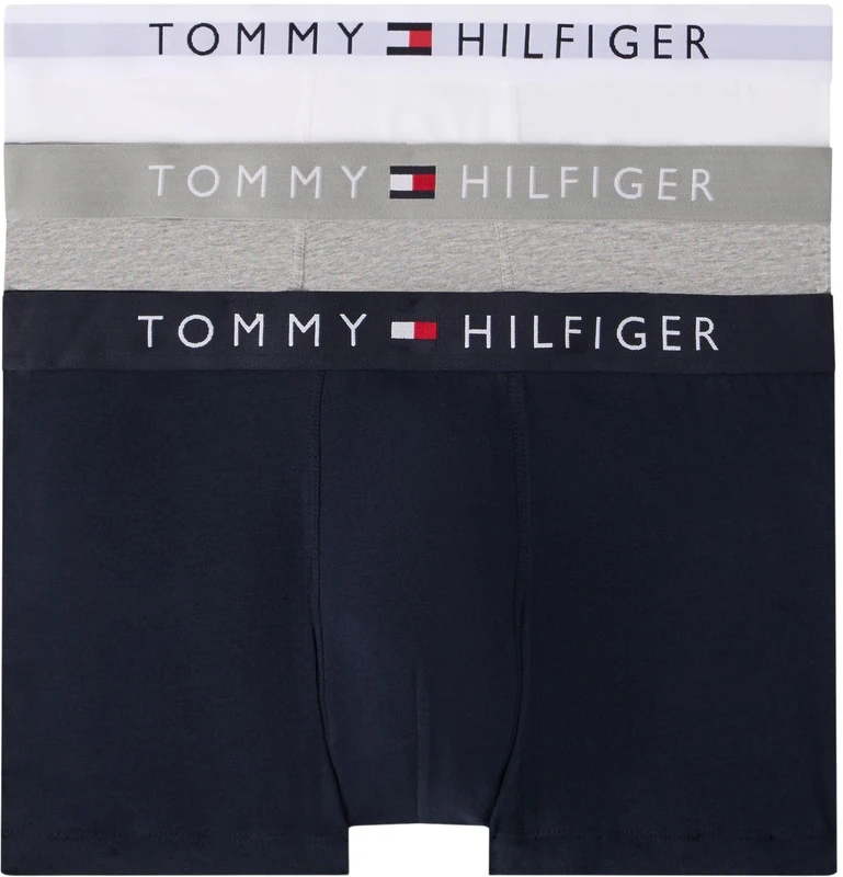 Tommy Hilfiger Men’s 3 Pack Trunks Underwear, Multicolor (Grey Htr/White/Desert Sky), S