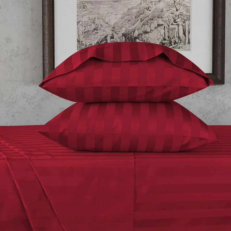 URBANHUT 100% Cotton Damask Queen Size Sheets, 4 Piece Hotel Style Sheet Set Bed Sheet for Queen Size Bed, Sateen Weave Stripe Sheets, 16'' Elasticized Deep Pocket - Burgundy