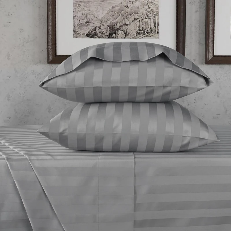 URBANHUT 100% Cotton Damask Twin Size Sheets, 4 Piece Hotel Style Sheet Set Bed Sheet for Twin Size Bed, Sateen Weave Stripe Sheets, 14'' Elasticized Deep Pocket - Dark Grey