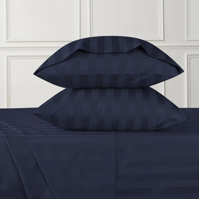 URBANHUT 100% Cotton Damask King Size Sheets, 4 Piece Hotel Style Sheet Set Bed Sheet for King Size Bed, Sateen Weave Stripe Sheets, 16'' Elasticized Deep Pocket - Navy Blue