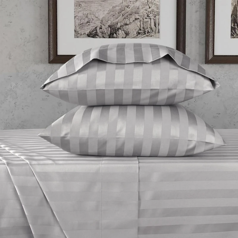 URBANHUT 100% Cotton Damask Twin Size Sheets, 4 Piece Hotel Style Sheet Set Bed Sheet for Twin Size Bed, Sateen Weave Stripe Sheets, 14'' Elasticized Deep Pocket - Silver Grey