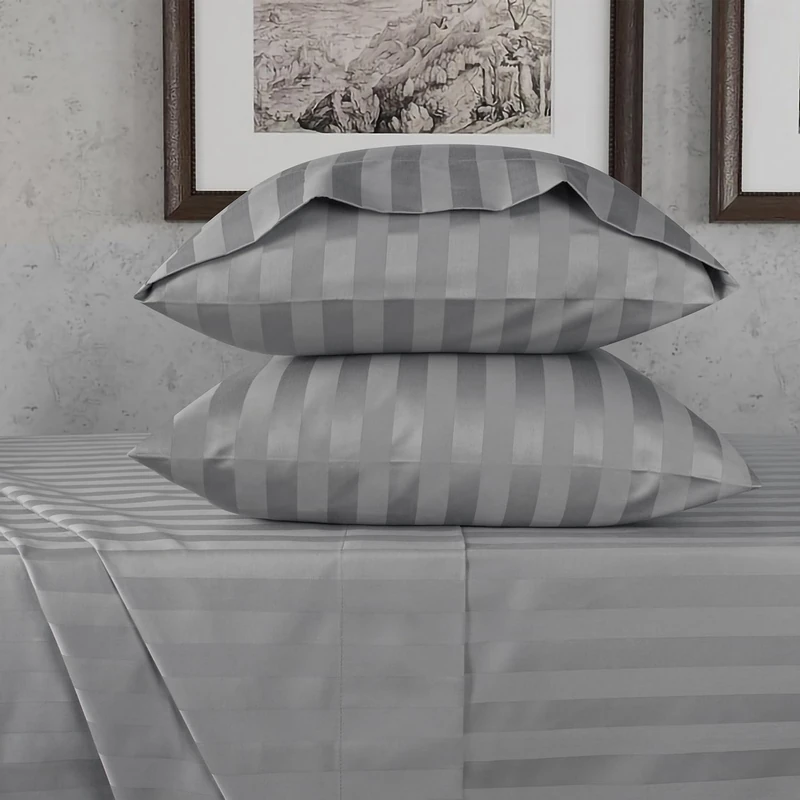 URBANHUT 100% Cotton Damask Queen Size Sheets, 4 Piece Hotel Style Sheet Set Bed Sheet for Queen Size Bed, Sateen Weave Stripe Sheets, 16'' Elasticized Deep Pocket - Dark Grey