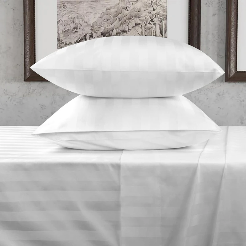 URBANHUT 100% Cotton Damask King Size Sheets, 4 Piece Hotel Style Sheet Set Bed Sheet for King Size Bed, Sateen Weave Stripe Sheets, 16'' Elasticized Deep Pocket - White