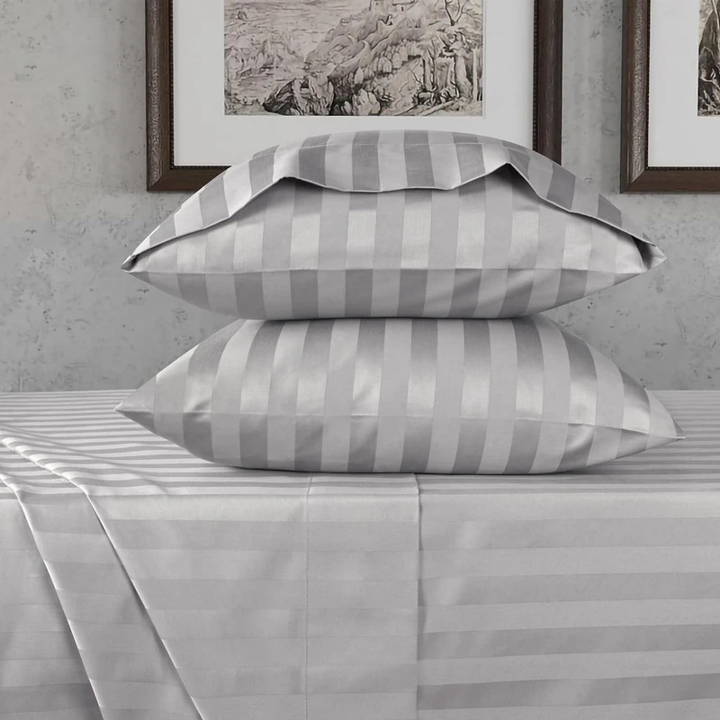 URBANHUT 800 Thread Count Pure Cotton Full Size Double Bed Striped Sheets Set (4 Pc) - Ultra Soft & Smooth, Thick & Crisp Sateen Weave Full Bedsheets, Fits Upto 16'' Mattress - Silver Grey
