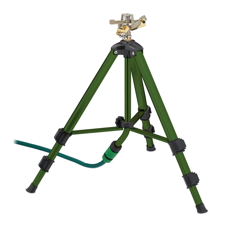 Relaxdays Sprinkler, Tripod Stand, Range 9m, 0-360 Angle, Click Connection, Static, Garden, Water, Green/Black, Aluminium, 90 x 94 x 82 cm