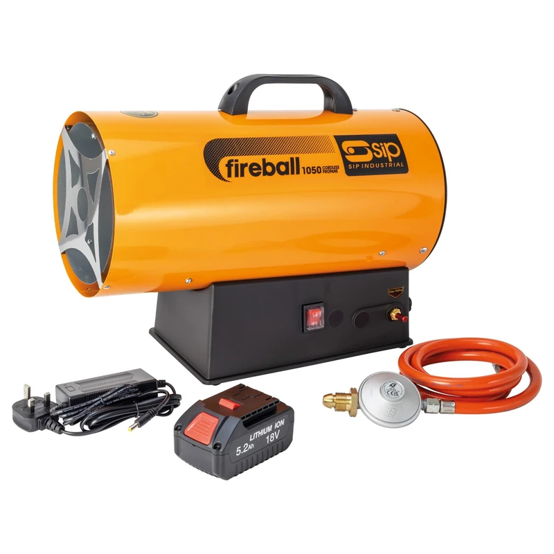 SIP FIREBALL 1050 Propane Gas Heater, Cordless Battery Powered, 30kW / 102,387 BTU/hr, 17,401ft³ Heating Area
