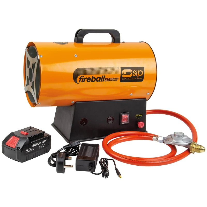SIP FIREBALL 515 Propane Gas Heater, Cordless Battery Powered, 15kW / 51,182 BTU/hr, 12,181ft³ Heating Area